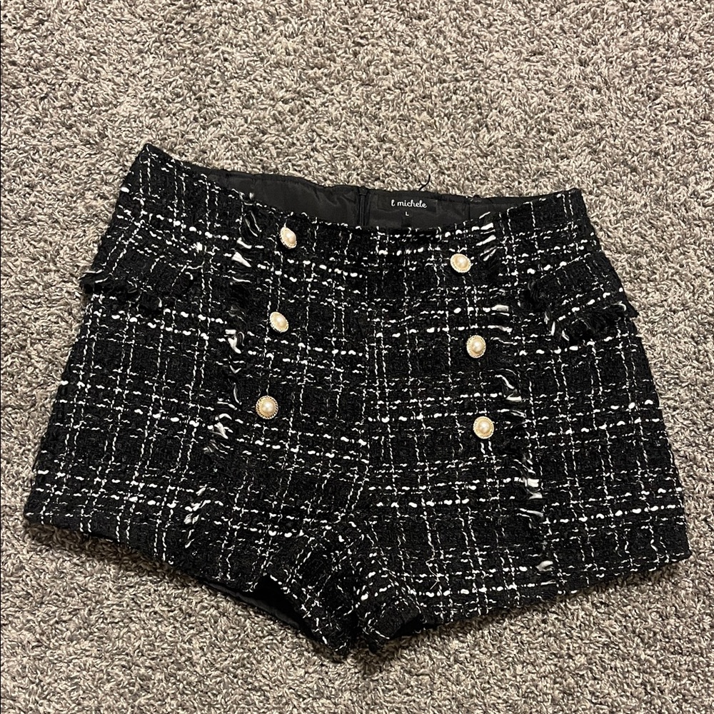 High Waist Tweed Shorts with Button Accents